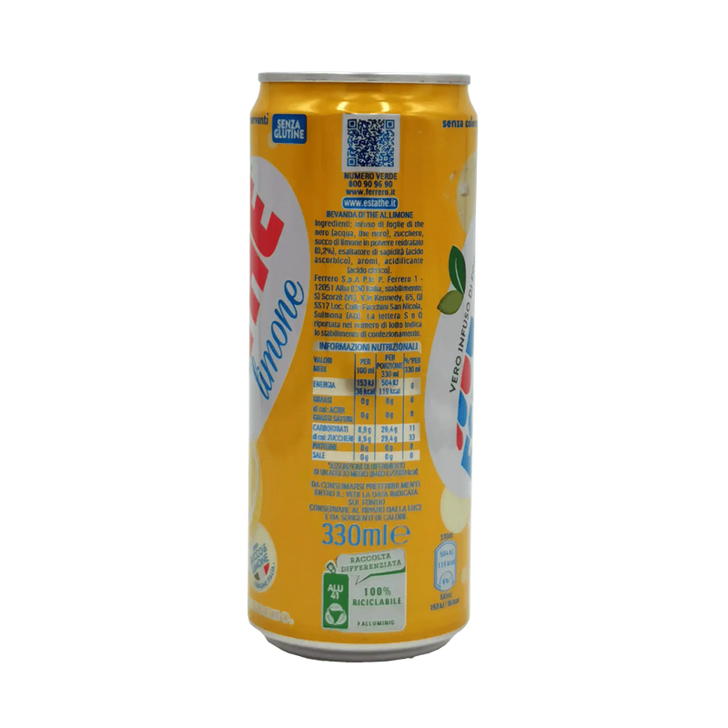 Canette Estathé Citron Ferrero 33cl avec ingrédients visibles, thé glacé rafraîchissant sans conservateurs ni colorants artificiels.