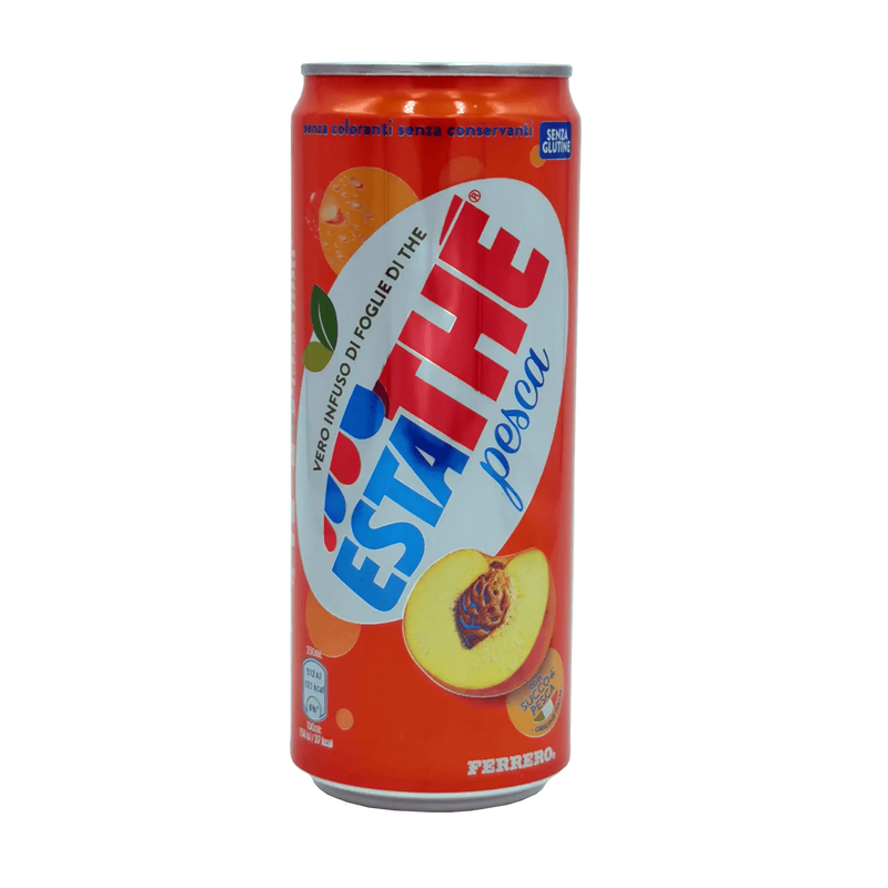 Boisson Estathé Pêche Ferrero 33cl en canette, mélange de vrai thé et pêche.
