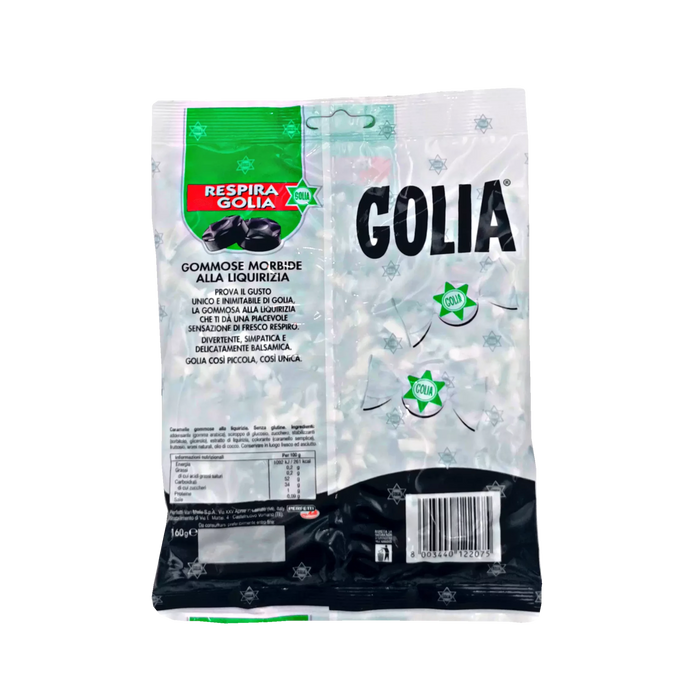 Paquet de bonbons réglisse Golia 160g avec étiquette arrière et informations nutritionnelles