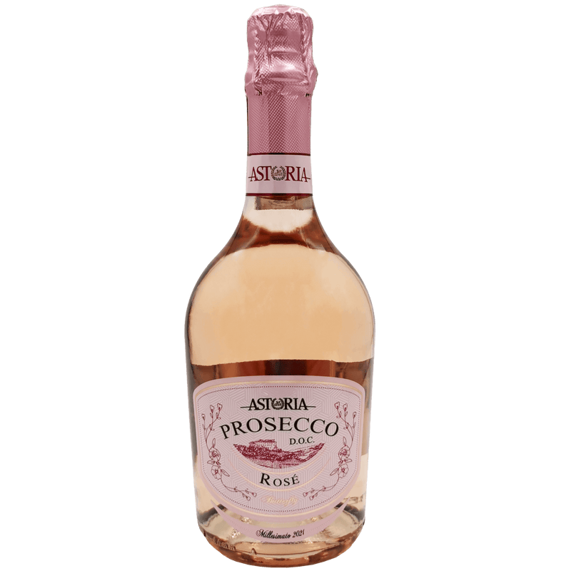 Prosecco Rosé Millesimato Astoria 75cl en gros plan - Bouteille élégante avec reflet rose pâle.
