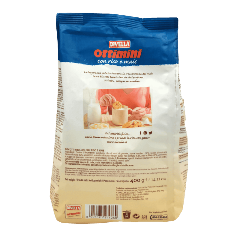 Dos de l’emballage du Biscuits Riz Soufflé et Maïs Divella 400g montrant les informations nutritionnelles et les ingrédients.