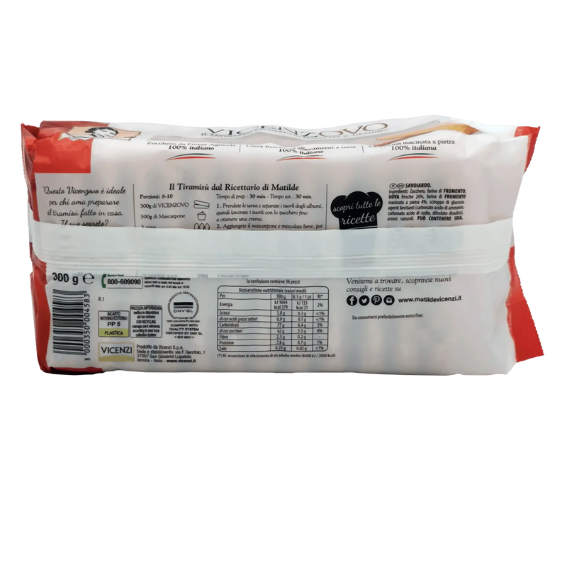 Dos de l’emballage des biscuits cuillère Matilde Vicenzi Vicenzovo 300 g, présentant les informations nutritionnelles et la marque des biscuits cuillère italiens Vicenzovo.