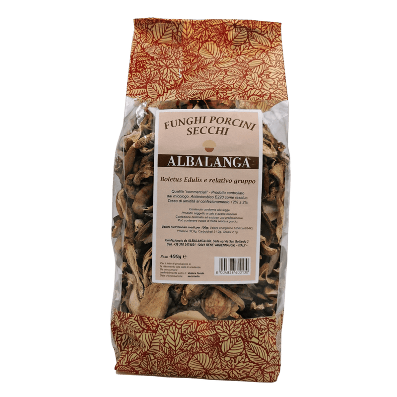 Emballage de Cèpes Séchés Albalanga 400 g, présentant des champignons boletus edulis séchés de qualité.