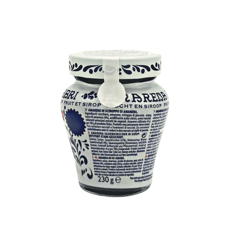Bocal de Cerises Amarena Fabbri 230 g, avec motifs bleus décoratifs et étiquette produit emblématique.