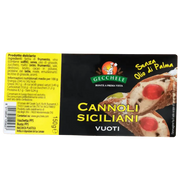 Emballage des Cannoli à Garnir – Coques Croquantes 150 g Gecchele, présentant des coques siciliennes authentiques prêtes à garnir. Vue de l’étiquette du produit.