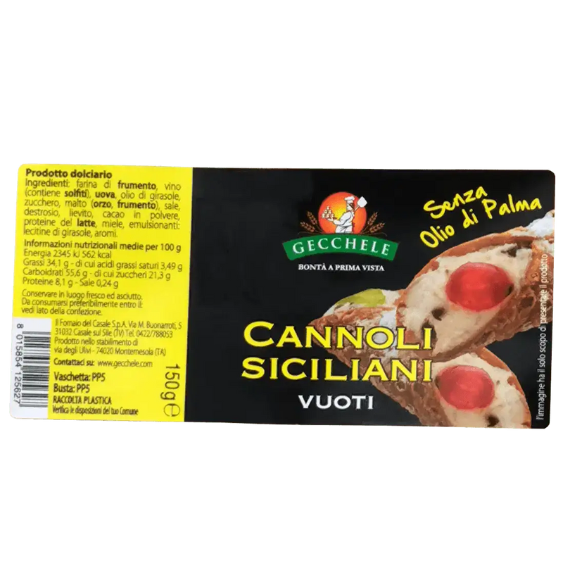 Emballage des Cannoli à Garnir – Coques Croquantes 150 g Gecchele, présentant des coques siciliennes authentiques prêtes à garnir. Vue de l’étiquette du produit.