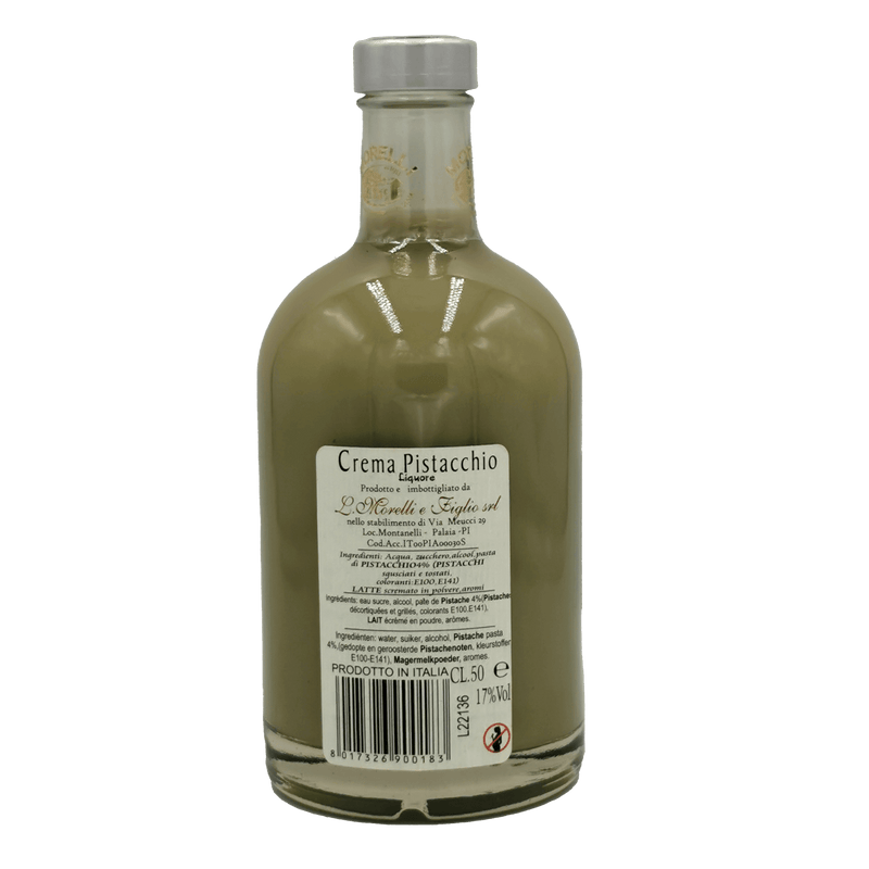 Bouteille de Crème di Pistacchio Morelli 50 cl, liqueur pistache crémeuse au goût raffiné de pistache, symbole du savoir-faire italien.
