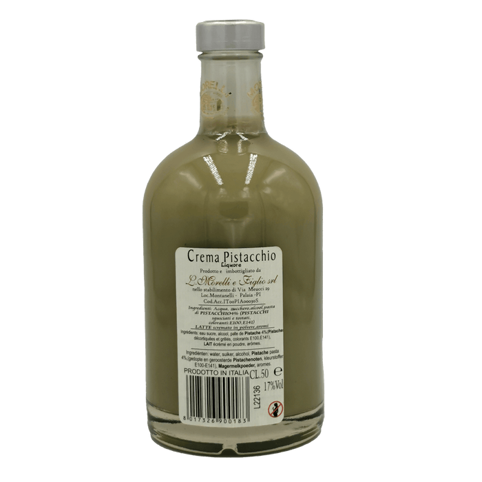 Bouteille de liqueur Crema di Pistacchio Morelli 50cl avec étiquette arrière indiquant les ingrédients et les informations de production