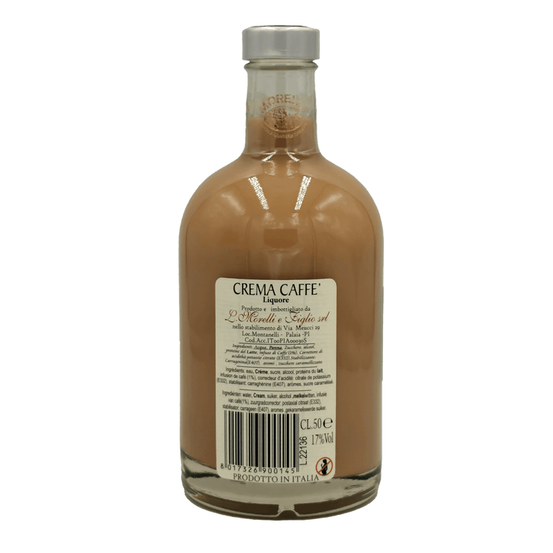 Bouteille de Crème di Caffè Morelli 50 cl, une liqueur de café italien douce et onctueuse, parfaite pour les amateurs d’arômes raffinés.