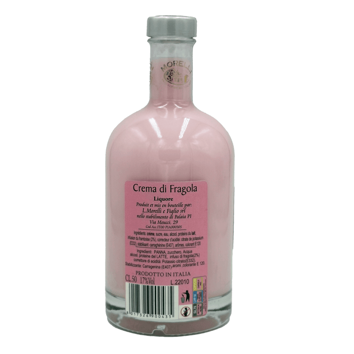 Bouteille de Crème de Fraise Morelli 50cl - Vue arrière avec ingrédients et informations de production