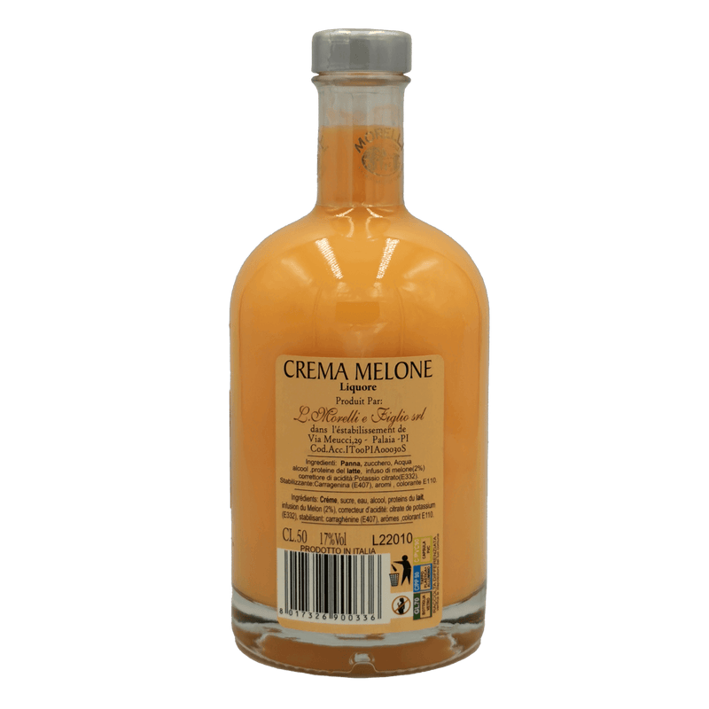 Bouteille de Crème di Meloncello Morelli 50 cl, une liqueur de melon onctueuse et raffinée, élaborée en Italie pour une expérience gourmande unique.