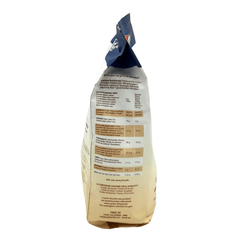 Biscuits Italiens aux Pépites de Chocolats Divella 400g, vue arrière de l'emballage montrant les informations nutritionnelles.