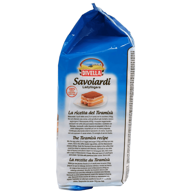 Emballage des biscuits Savoiardi Divella 400 g, parfait pour le tiramisu et le café, une délicatesse italienne traditionnelle faite avec des ingrédients de qualité.
