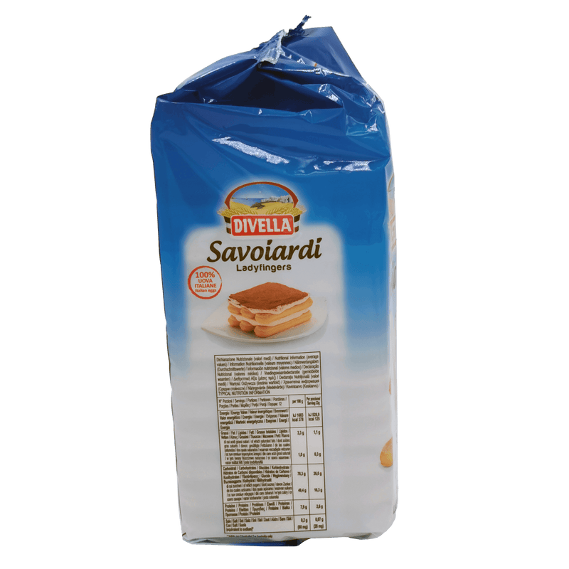 Emballage des biscuits Savoiardi Divella 400 g montrant les informations nutritionnelles et l’étiquette du produit.