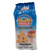Emballage des biscuits Savoiardi Divella 400 g, spécialité italienne parfaite pour les desserts comme le tiramisu, fabriquée avec des ingrédients de qualité.