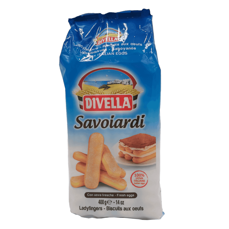 Emballage des biscuits Savoiardi Divella 400 g, spécialité italienne parfaite pour les desserts comme le tiramisu, fabriquée avec des ingrédients de qualité.