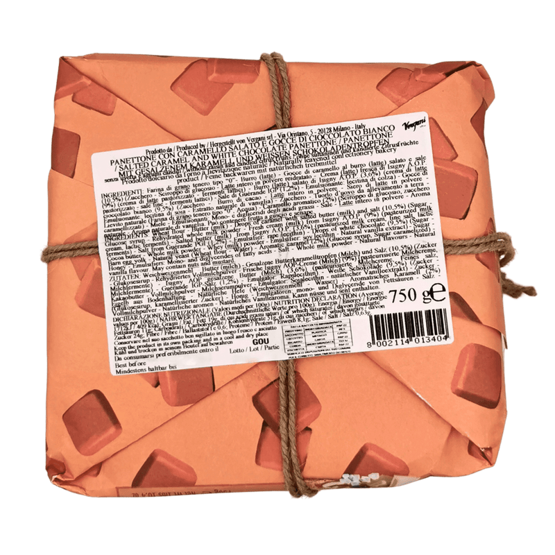 Emballage du panettone caramel & choco blanc Vergani 750g avec étiquette d'ingrédients en arrière-plan.