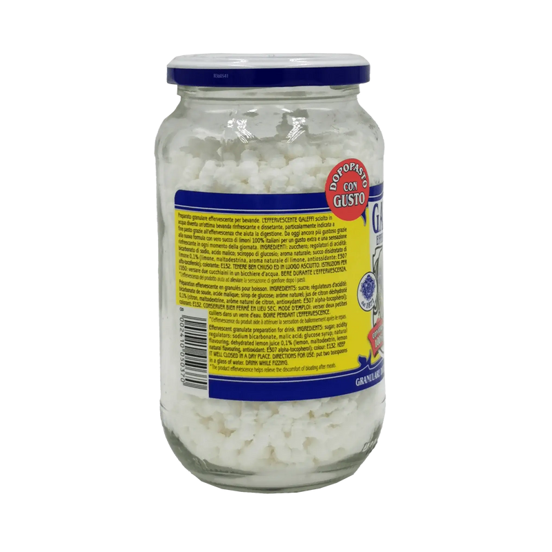 Pot de Galeffi Effervescente 250g Brioschi, granulés digestifs au citron, 100% italien, ingrédients en arrière-plan