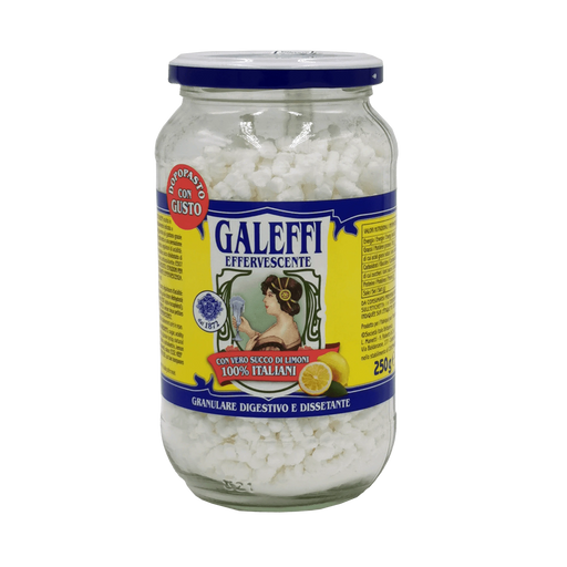 Bocal de 250g d'effervescent au jus de citron Galeffi, idéal pour faciliter la digestion et rafraîchir.