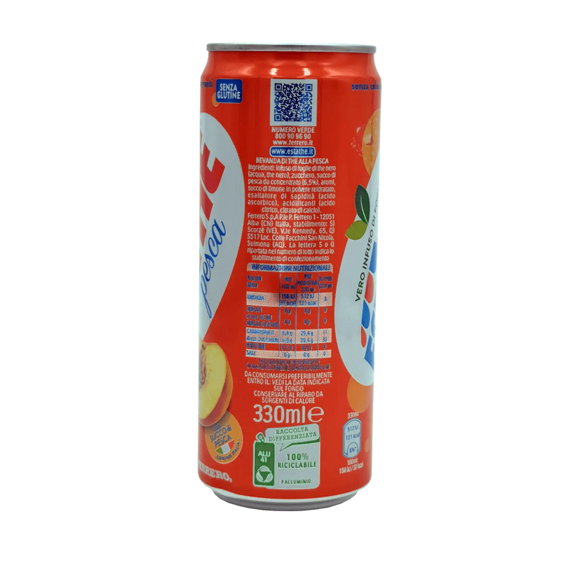 Canette de 33cl d'Estathé Pêche Ferrero, boisson rafraîchissante au thé et pêche, vue arrière en gros plan avec étiquettes nutritionnelles.