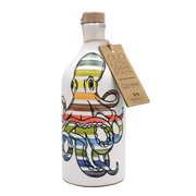 Huile d'olive extra vierge dans une bouteille en terre cuite décorée d'un poulpe, 50cl, fabriquée avec des olives Coratina pressées à froid.