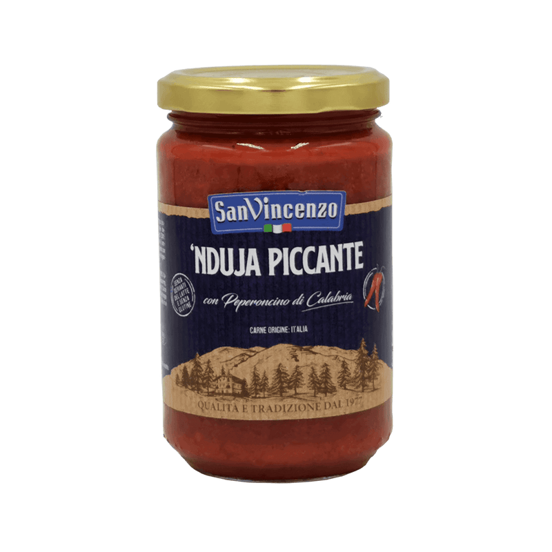 Pot de nduja épicée au piment calabrais SanVincenzo 290g, spécialité calabraise à tartiner, saveurs audacieuses.