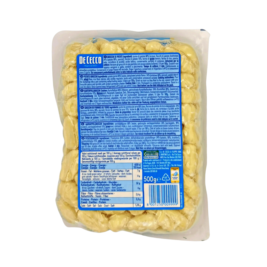 Verpakking van aardappelgnocchi De Cecco 500g met zichtbare voedingsetiket.