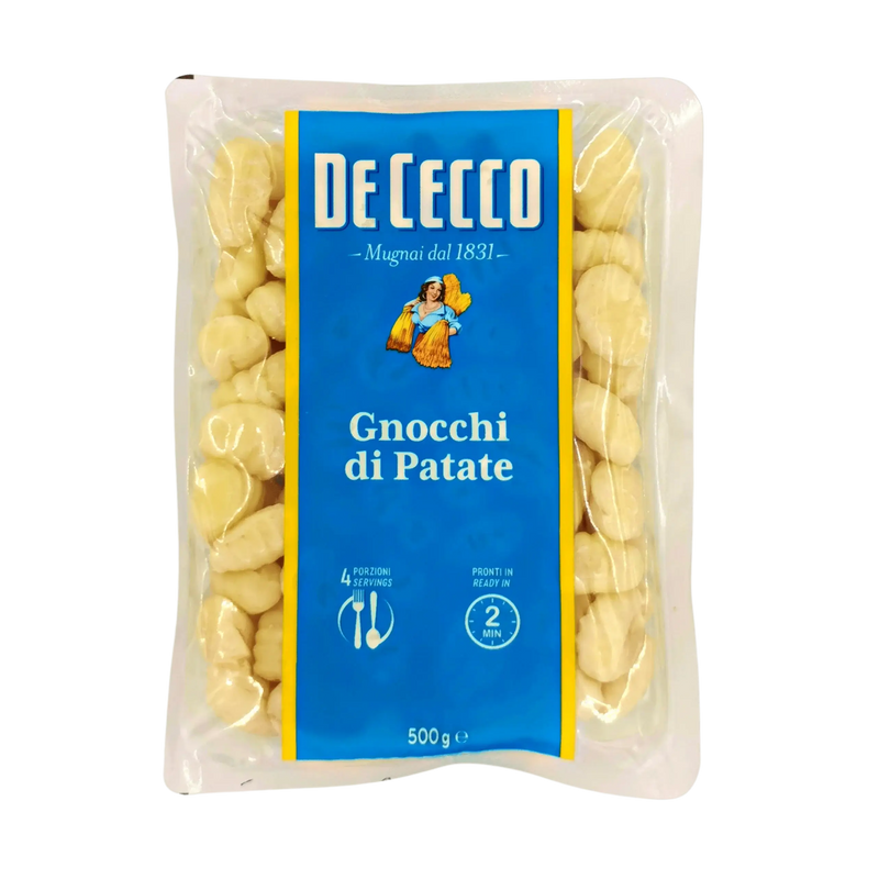 Paquet de gnocchi de pommes de terre De Cecco 500g, prêt en 2 minutes, authentique goût italien, tradition culinaire.