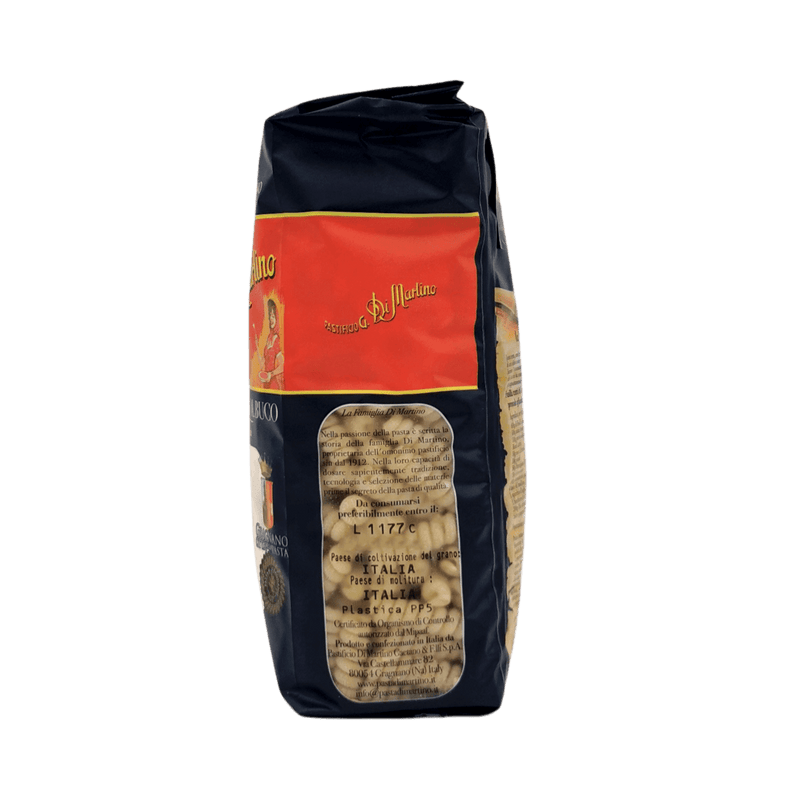 Vue arrière du paquet Fusilli Gragnano IGP Pasta di Martino 500g, avec une recette italienne traditionnelle.