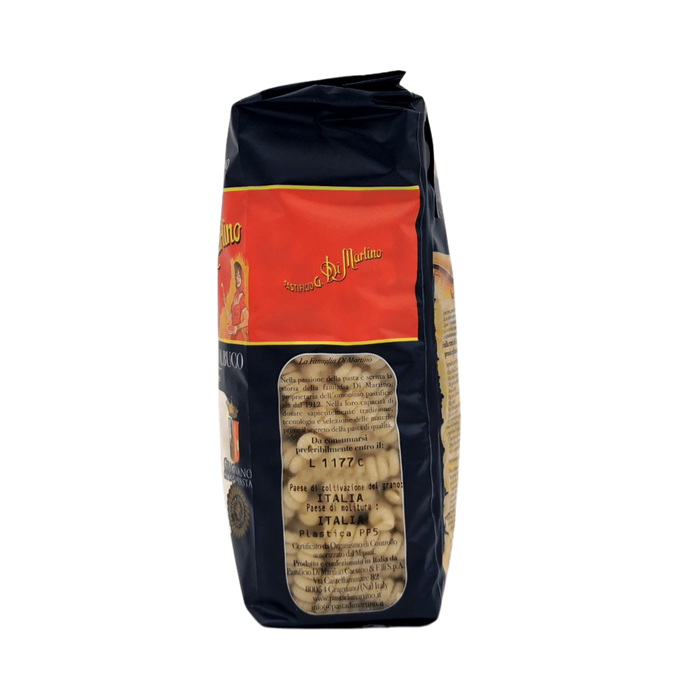 Vue arrière du paquet Fusilli Gragnano IGP Pasta di Martino 500g, avec une recette italienne traditionnelle.