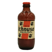 Bouteille de bière Ichnusa Non Filtrata 33cl, vue de face, bière italienne artisanale non filtrée brassée en Sardaigne.