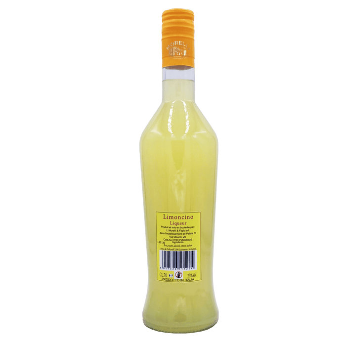 Dos de la bouteille de Limoncino Morelli 70cl avec étiquette et informations sur les ingrédients.