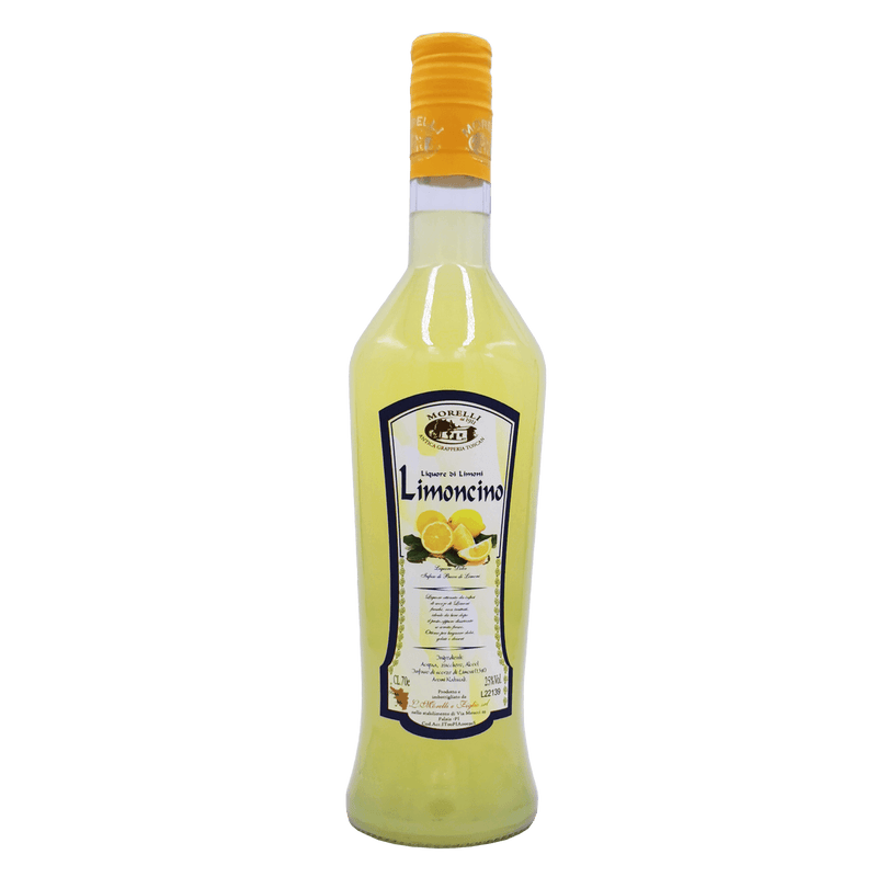 Bouteille de Limoncino Morelli 70cl, liqueur de citron italienne au goût rafraîchissant, avec étiquette et bouchon jaune.