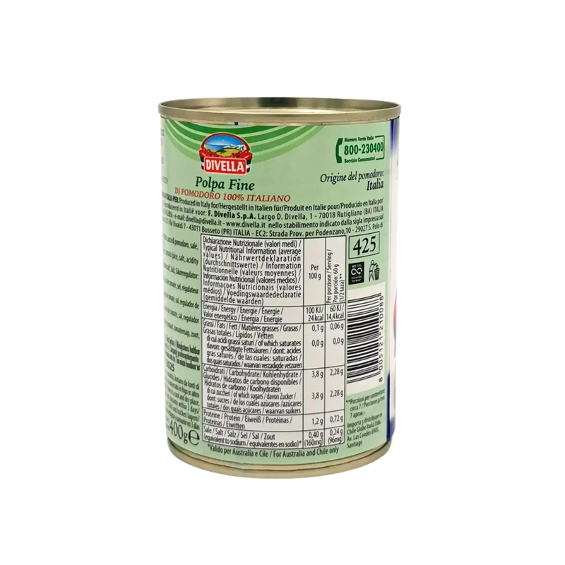 Valeurs nutritionnelles Sauce Tomate Divella 400g – tableau détaillé sur fond blanc