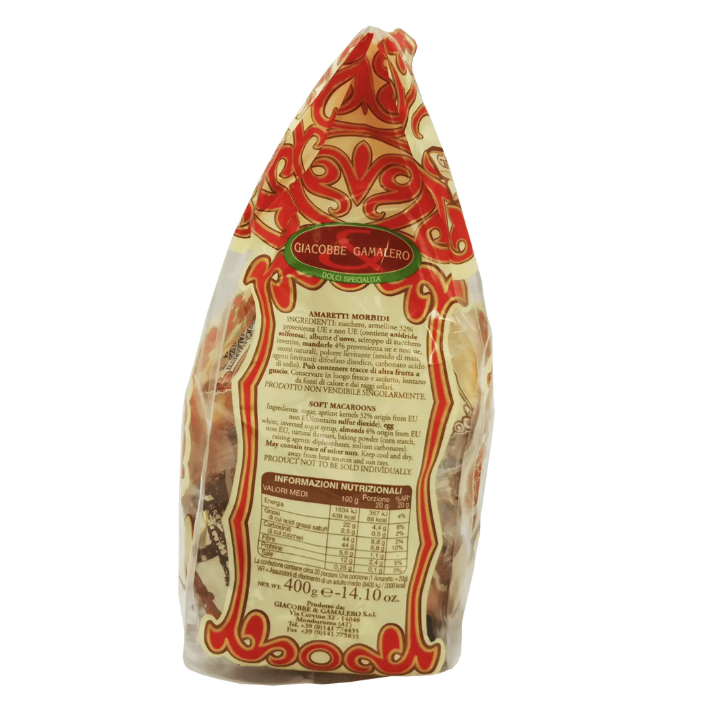 Sachet d’Amaretti morbidi de Mombaruzzo 400g, macarons moelleux artisanaux aux amandes du Piémont.
