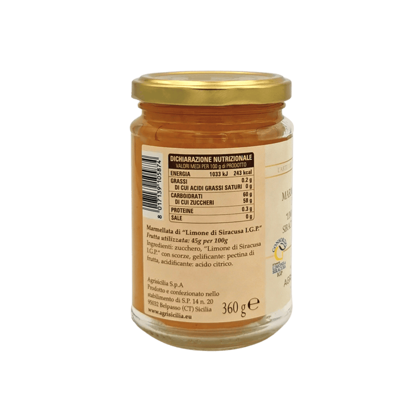 Pot de confiture de citron de Syracuse I.G.P 360g, goût authentique de Sicile, vu de dos avec étiquettes.