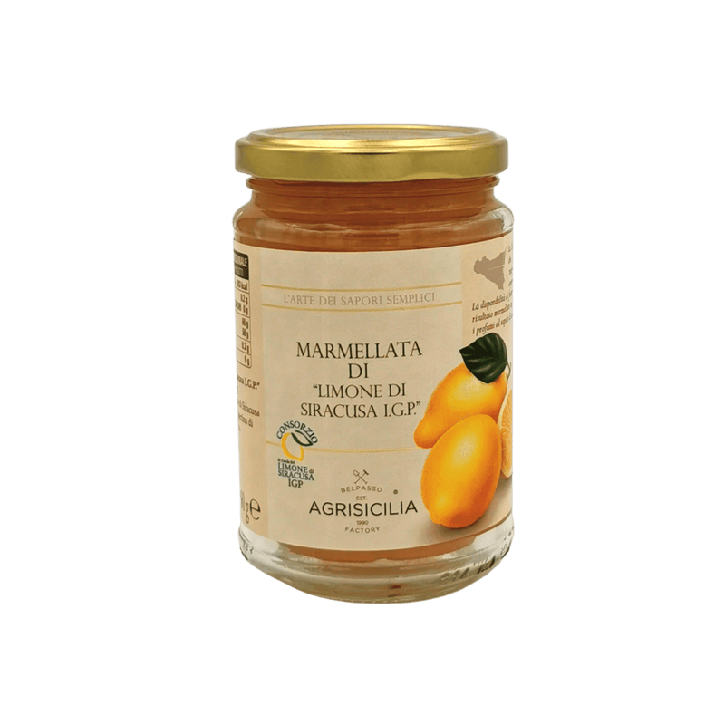 Pot de confiture de citron de Syracuse I.G.P. d'Agrisicilia, 360g, avec citrons illustrés, goût authentique de Sicile.