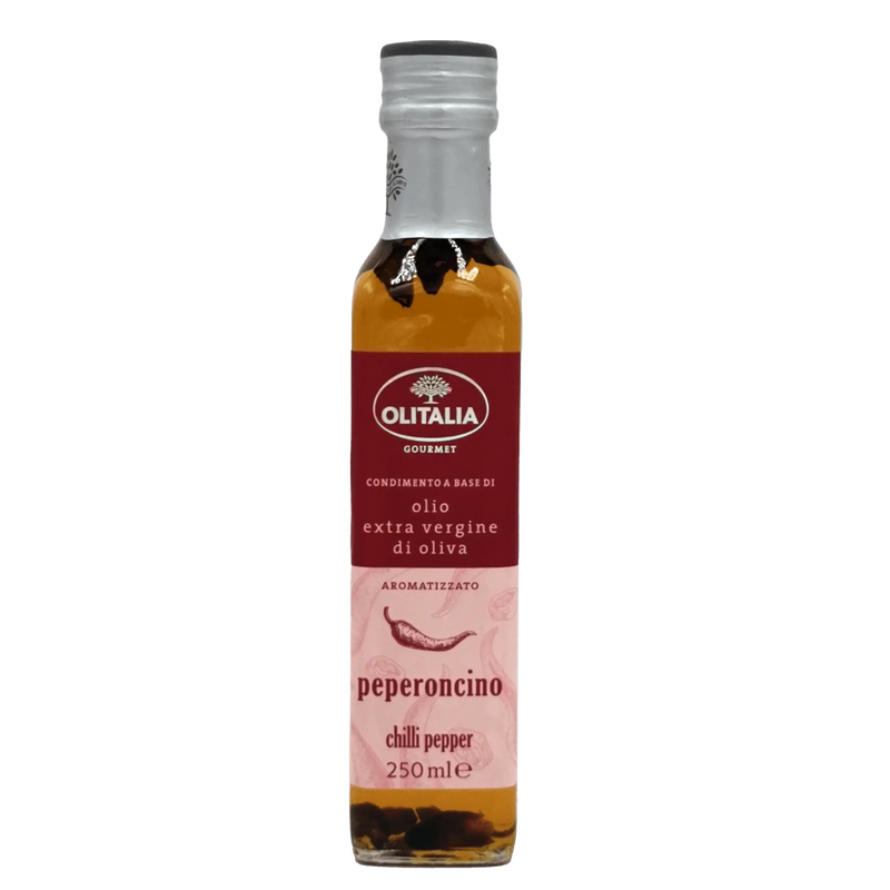 Bouteille d'huile d'olive extra vierge au piment Olitalia 250ml, huile pimentée pour assaisonnement épicé et audacieux.
