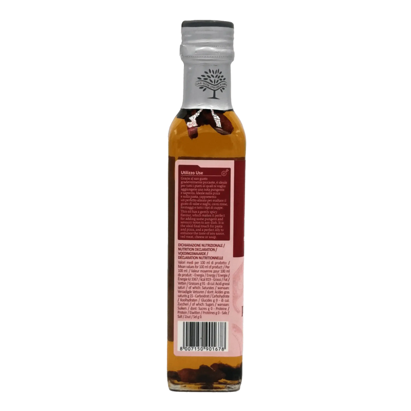 Huile pimentée Olitalia 25cl, bouteille de verre, huile d'olive extra vierge au piment, arrière de l'emballage, épicée et savoureuse.