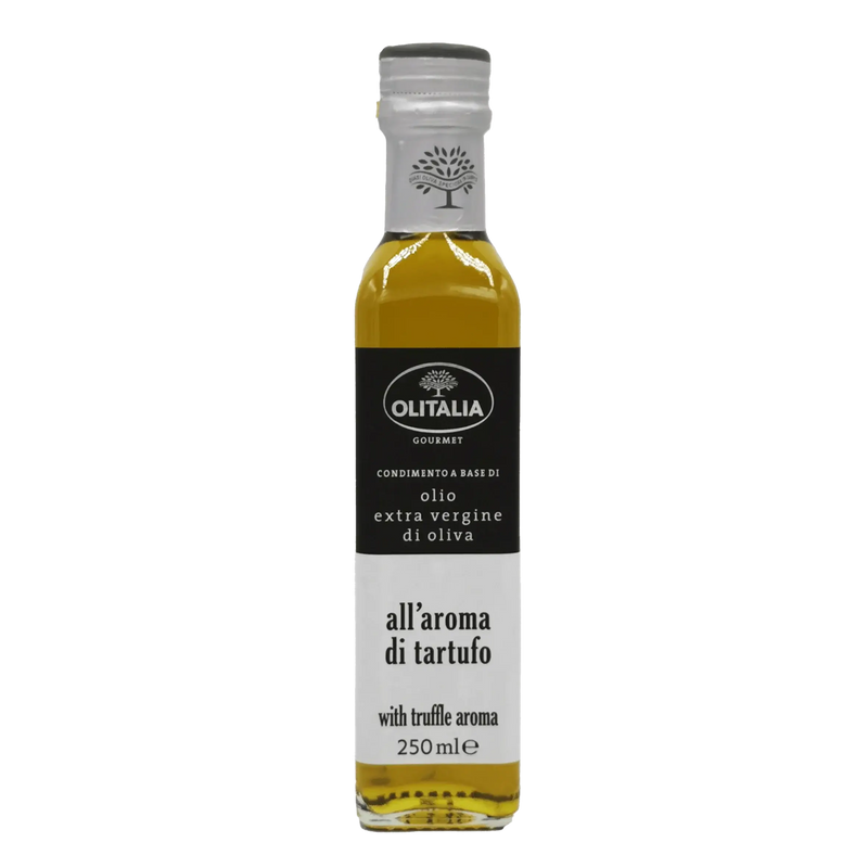 Bouteille d'huile truffée Olitalia 25cl, huile d'olive extra vierge à l'arôme de truffe, raffinée et artisanale.