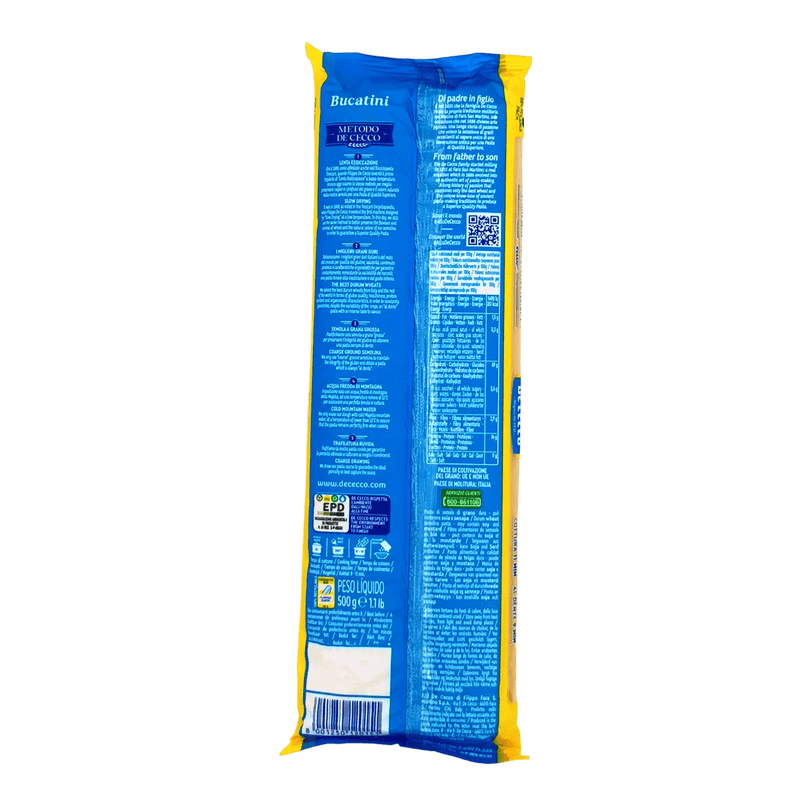 Pâtes longues Bucatini n°15 De Cecco 500g - Face arrière avec détails.
