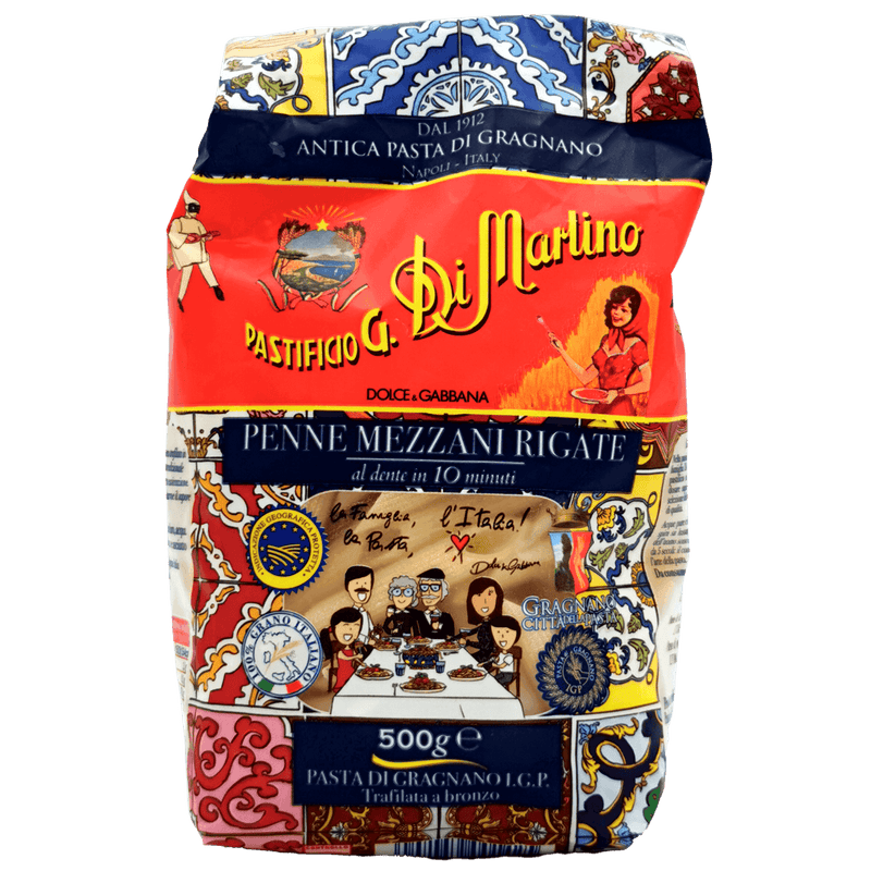 Pâtes courtes artisanales Penne Mezzani Rigate, Pastificio Di Martino & Dolce & Gabbana, 500g, fabriquées à Gragnano IGP.