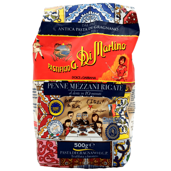 Pâtes courtes artisanales Penne Mezzani Rigate, Pastificio Di Martino & Dolce & Gabbana, 500g, fabriquées à Gragnano IGP.