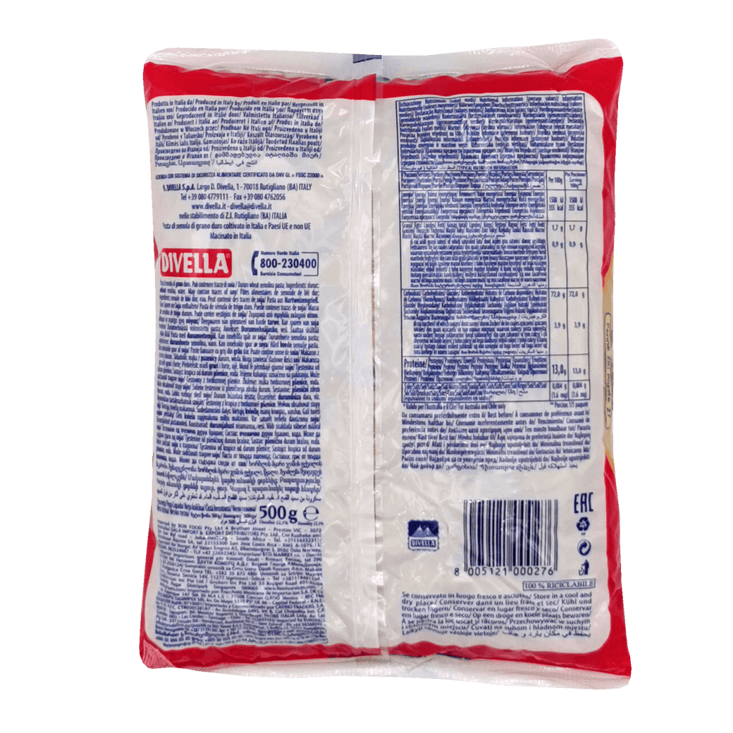 Image de l'emballage arrière des pâtes Penne Ziti Rigate 500g de Divella avec les informations nutritionnelles et ingrédients