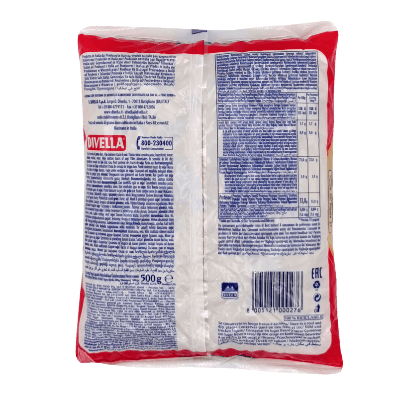 Image de l'emballage arrière des pâtes Penne Ziti Rigate 500g de Divella avec les informations nutritionnelles et ingrédients