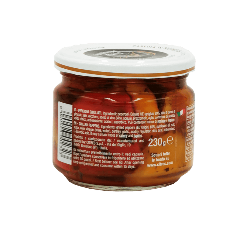 Bocal de poivrons grillés Citres 230g avec liste d'ingrédients en plusieurs langues