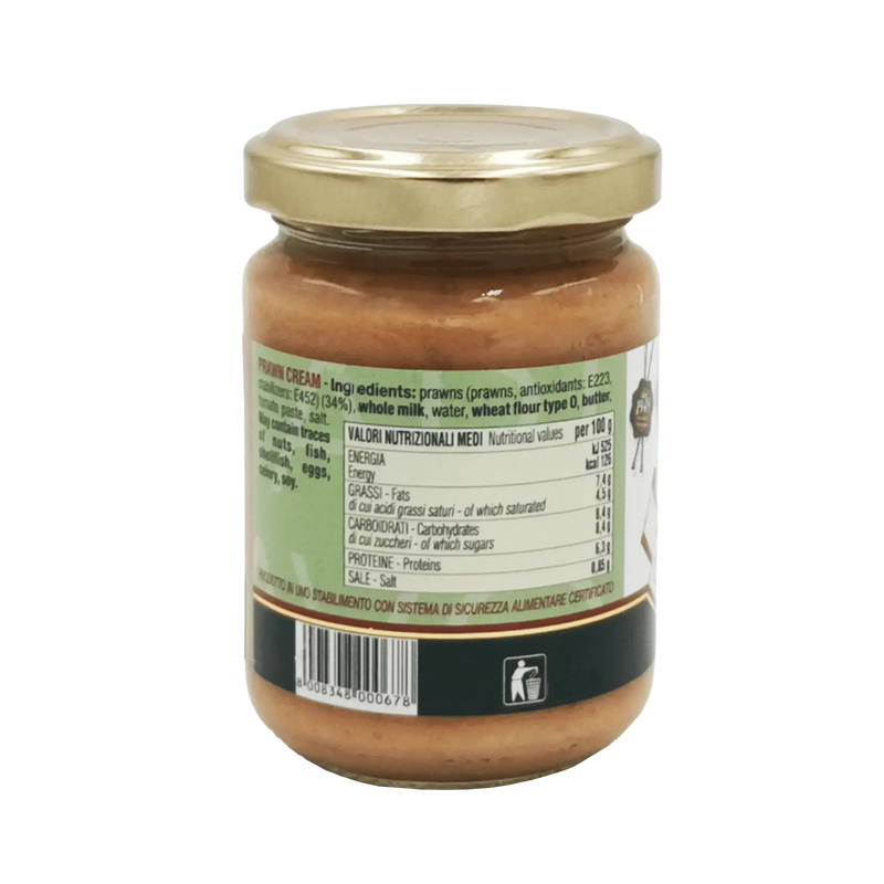 Pot de crème di scampi ElleEsse, crème de crevettes italienne avec ingrédients visibles sur l'étiquette