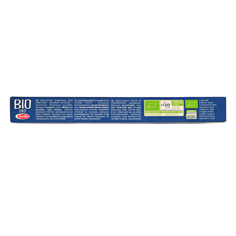 Côté du paquet de spaghettis Bio Eko N°5 Barilla 500g - Tableau des valeurs nutritionnelles et conseils de conservation.