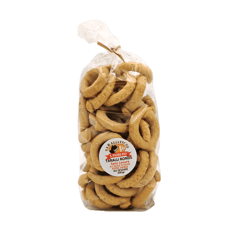 Taralli sans levure San Padre Pio 250 g, spécialité italienne traditionnelle faite à la main, symbole de goût et de savoir-faire.