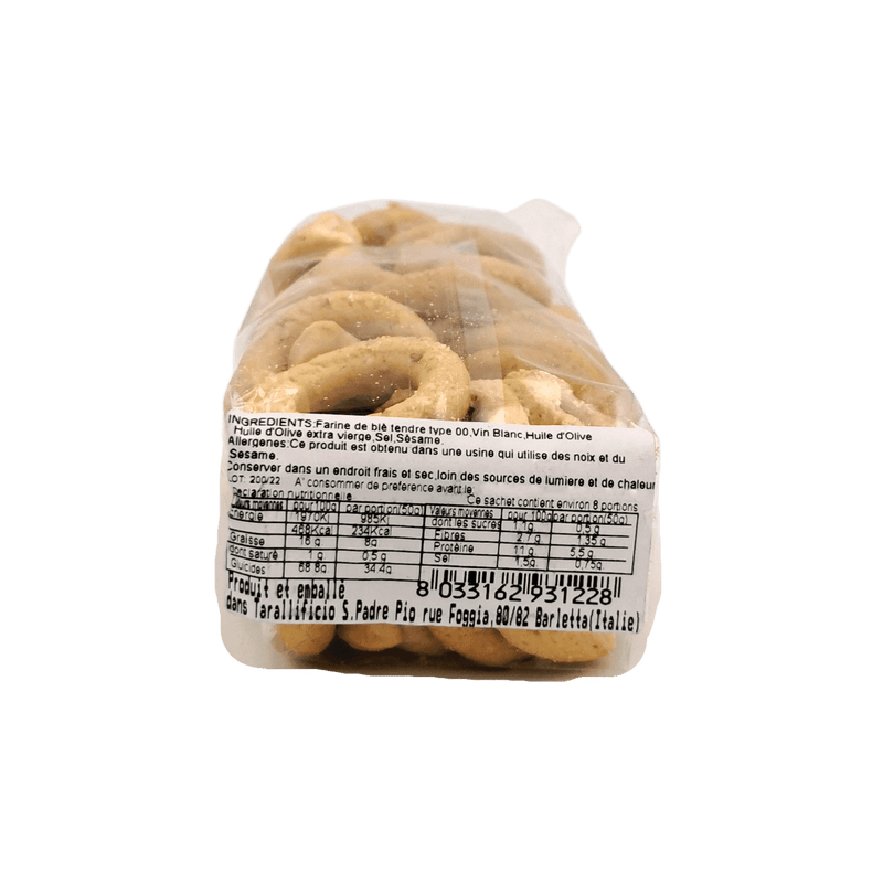 Taralli sans levure San Padre Pio 250 g, recette italienne authentique sans conservateurs, au goût typique du sud de l’Italie.